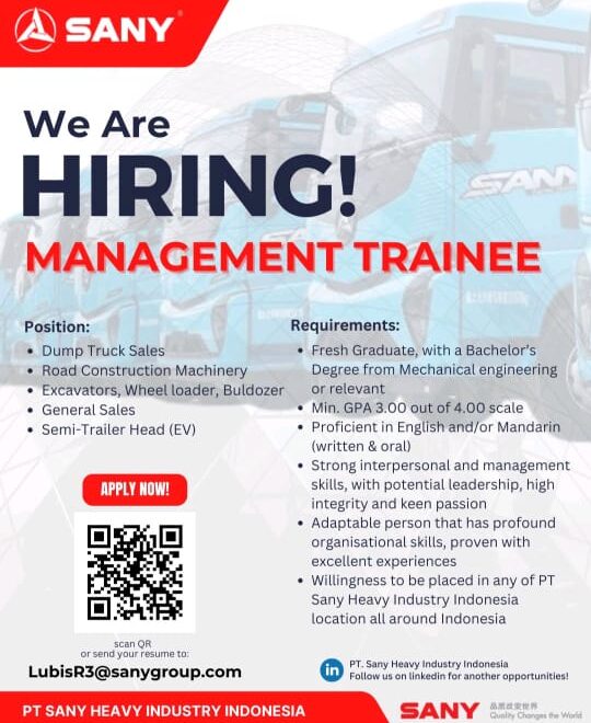 Lowongan Kerja Fresh Graduate di PT Sany Group Juni 2025